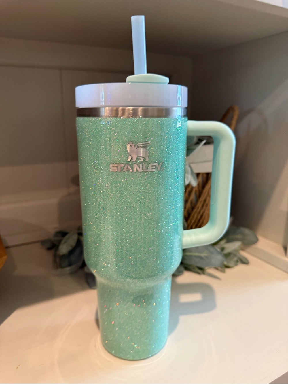 Custom 40 oz Stanley Glitter Mint Green Travel Mug with Handle and Straw